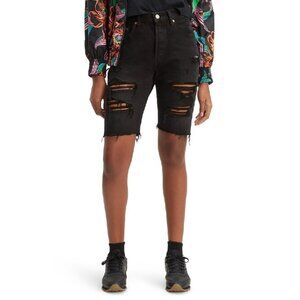 LEVI'S 501 Slouch Denim Jean Shorts Ripped Black Button Fly Raw Hem Sz 25 NWT​